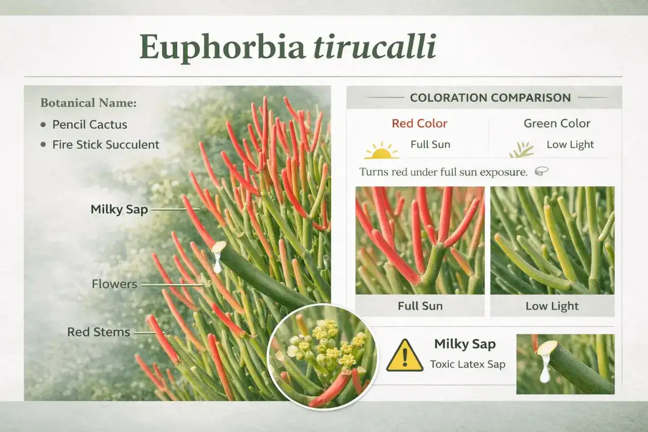 Die Spuckpalme (Euphorbia tirucalli) mit roten Stielen und giftigem Milchsaft. Vorsicht, krebserregend!